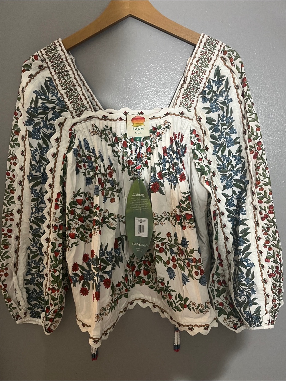 FARM Rio White Peasant Blouse with Blue, Red and Green Floral Embroidery
